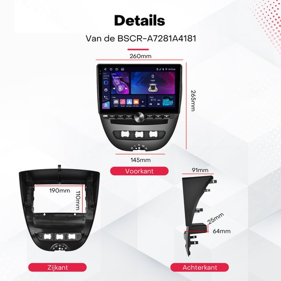 2 64GB Android Autoradio voor Peugeot 107, Toyota Aygo, Citroen C1 2004-2014 Draadloze Carplay Android Auto, 10,1 Scherm Bluetooth Autoradio Navi Achteruitrijcamera WiFi FM RDS Radio SWC