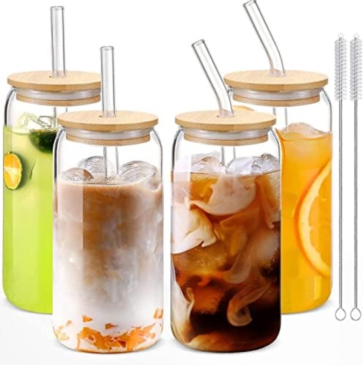 PromoHome Drinkglazen Set van 4 - Kan-vormige Glazen met Deksels en Rietjes