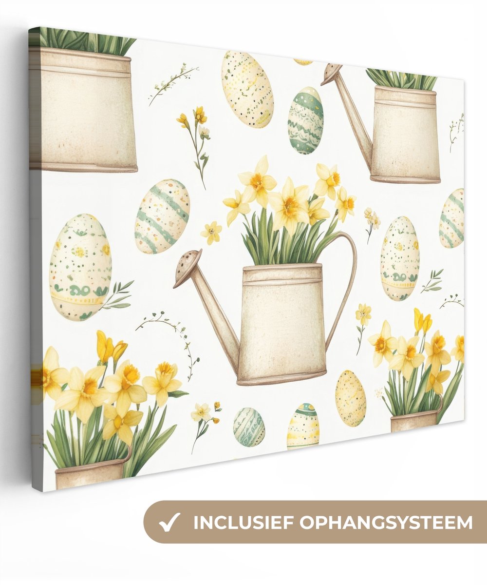 Canvas schilderij 160x120 cm - Exclusieve wanddecoratie Gieter - Bloemen - Eieren - Muurde