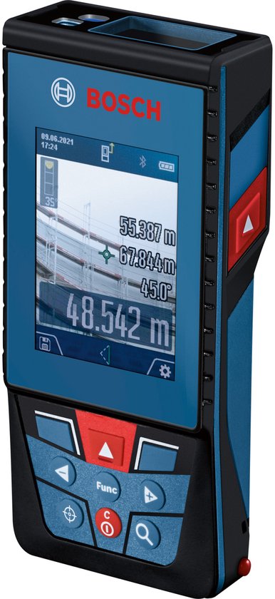 Bosch laser afstandsmeter met een digitaal scherm dat metingen weergeeft, inclusief hoek.