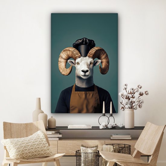Tableau sur toile 80x120 cm - Décoration murale Chèvre - Cornes - Vêtements de chef - Décoration murale murale salon - Décoration chambre - Accessoires chambre - Peintures sur toile