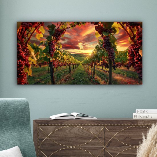 Tableau sur toile 100x50 cm - Décoration murale exclusive Vignoble - Raisins - Coucher de soleil - Décoration murale salon - Décoration chambre - Accessoires chambre - Peintures sur toile