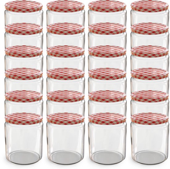 Oputec 24x 405ml inmaakpotten / voorraadpotten TO Ø 82 mm – glazen jampotten – metalen schroefdeksel rood-wit geruit – conservenpotten