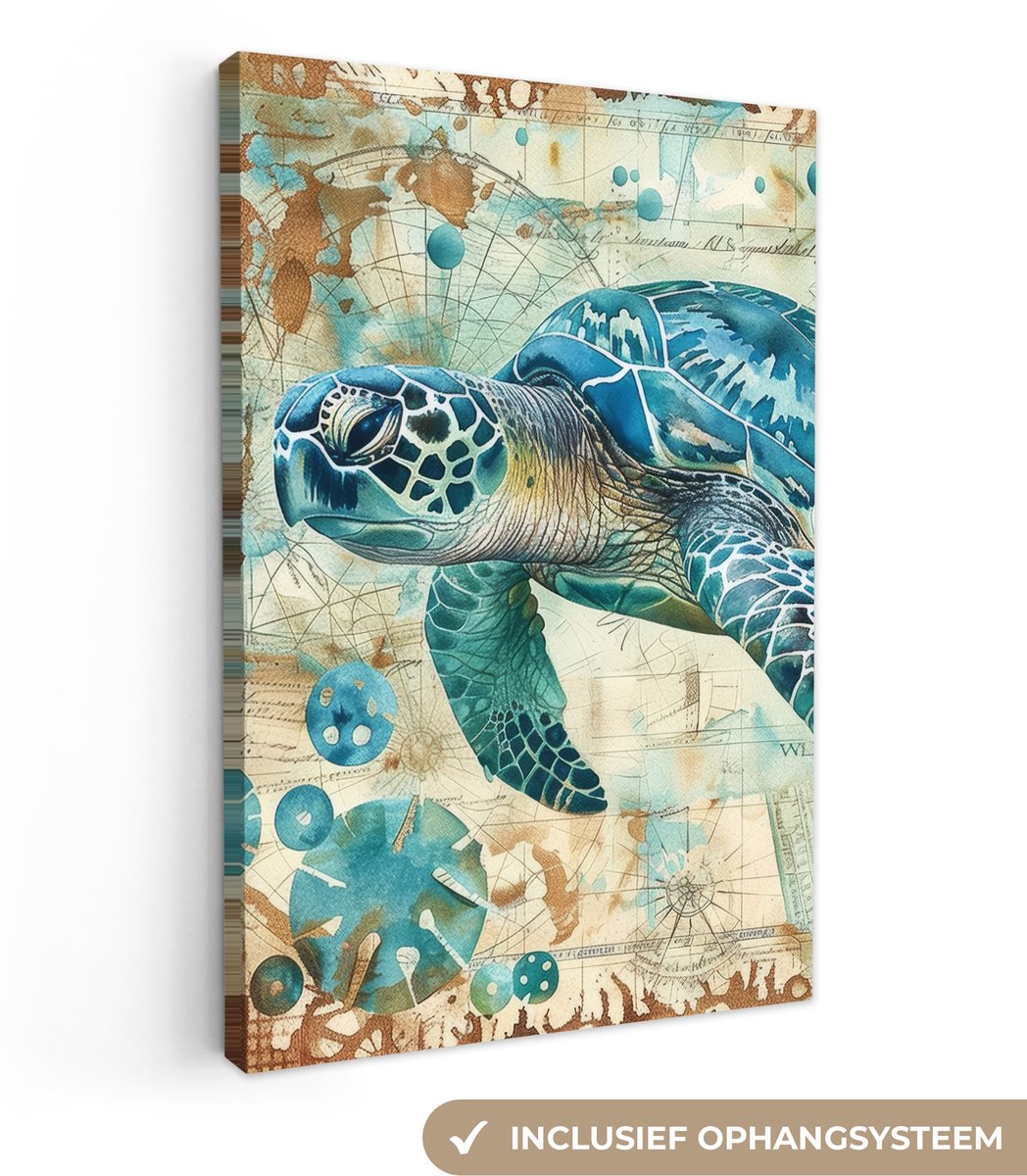 Canvas schilderij 40x60 cm - Wanddecoratie badkamer Vintage - Schildpad - Zeedieren - Wate