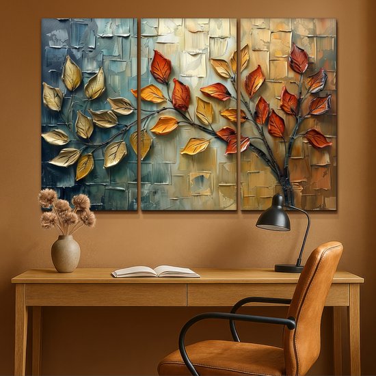 Ensemble de peinture sur toile 120x80 cm - Décoration murale triptyque - Arbre - Feuilles - Nature - Aspect peinture - Décoration murale murale salon - Décoration chambre - Accessoires chambre - Peintures sur toile