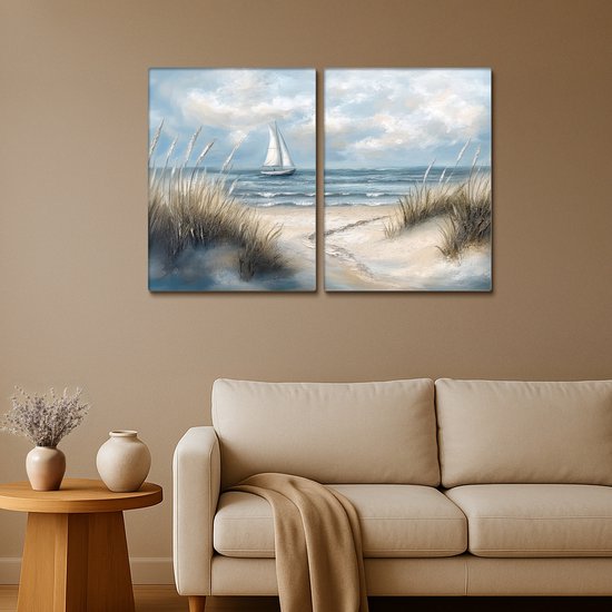 Ensemble de peintures sur toile 120x80 cm - Décoration murale diptyque - Plage - Peinture - Nature - Bateau - Décoration murale murale salon - Décoration chambre - Accessoires chambre - Peintures sur toile