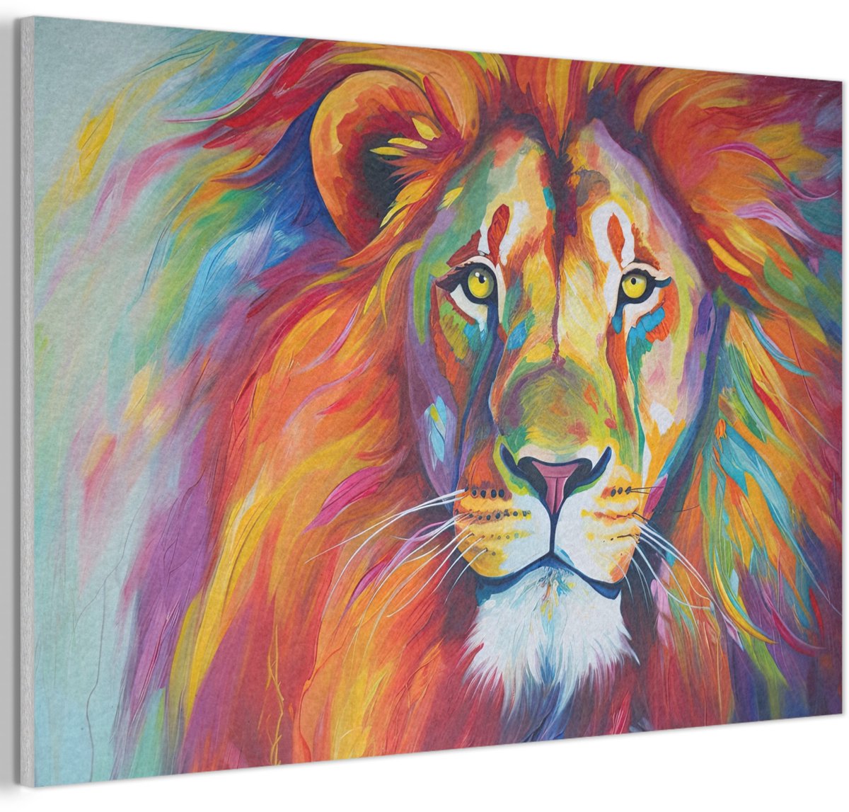 Akoestisch wandpaneel 90x60 cm - Vilt schilderij Leeuw - Dieren - Olieverf - Regenboog - Akoestische panelen - Geluidsdempende wanddecoratie - Geluidsisolatie woonkamer - Muurdecoratie geluidspanelen