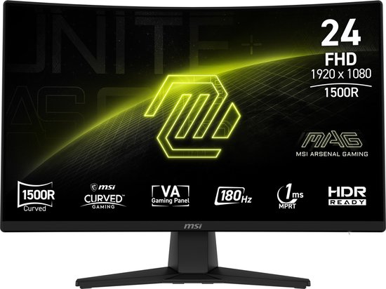 MSI MAG 242C - Curved Gaming Monitor - 23.6 - 180hz - 1920x1080 (Full HD) - 1ms - 300 cd/m² - 1x HDMI 1x DisplayPort- Zwart