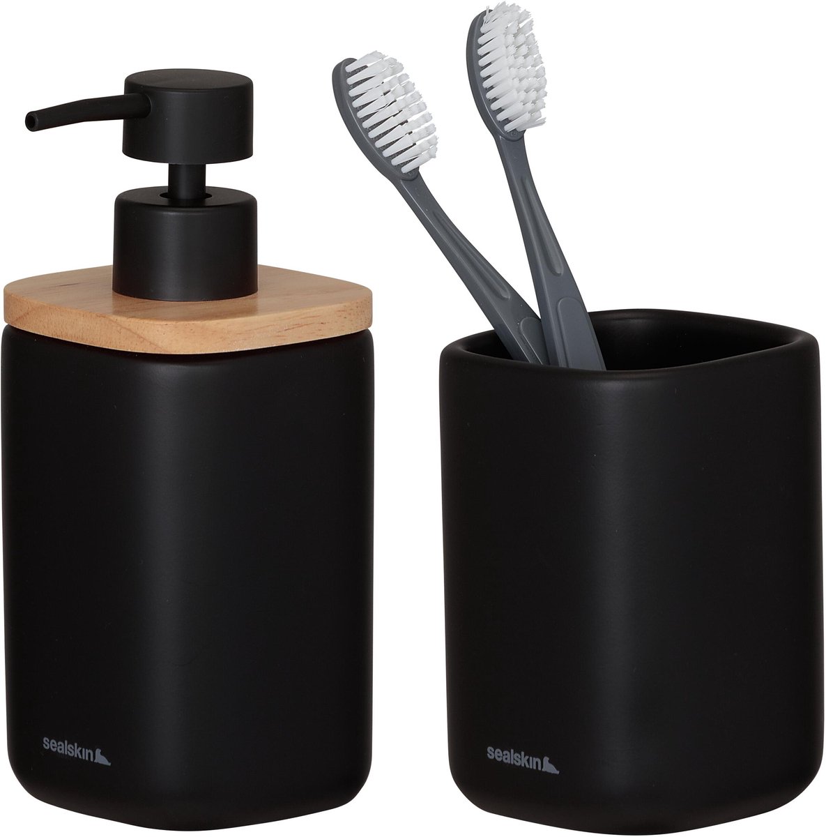 Sealskin Mind Badkamerset - Zeepdispenser 200 ml - Tandenborstelbeker - FSC - Houtlook / Zwart