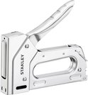 Zij-aanzicht van glanzende Stanley handtacker met open hendel en ergonomische handgreep.