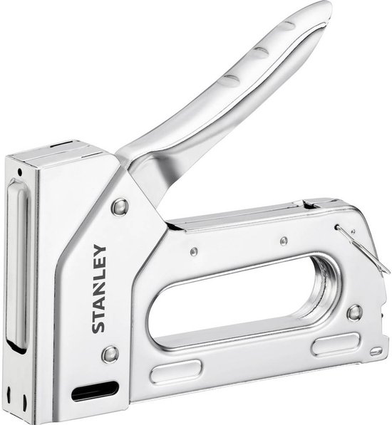Zij-aanzicht van glanzende Stanley handtacker met open hendel en ergonomische handgreep.