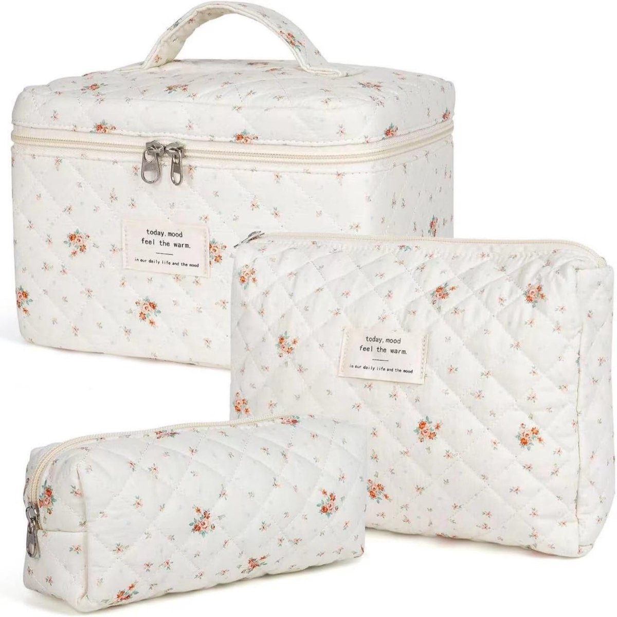 Set Toilettassen - Gequilt - Met bloemenpatroon - Voor reizen - Cosmetica en make-up - Dames
