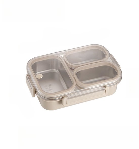 Een beige roestvrijstalen lunchbox met een doorzichtig deksel en 3 vakken, geïsoleerd op een witte achtergrond.
