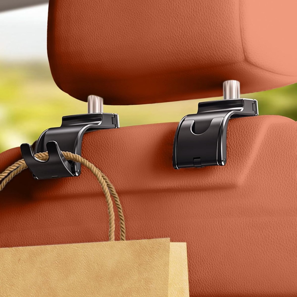 Image of 1-pack autotashaak en hoofdsteunhaak voor auto-achterbankorganizer, opvouwbare 360° draaibare achterbank-auto-organizer en opbergruimte met sleutel, tas, vuilniszakhanger, auto-accessoires voor vrouwen en mannen