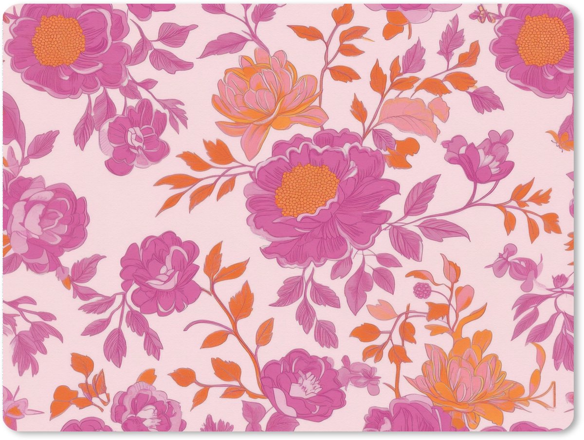 Muismat XXL 80x60 cm - Bureau onderlegger - Bureau mat Bloemenpatroon - Roze - Oranje - Bloemen - Bureaumat - Gaming mousepad xl - Bureaulegger groot - Computer deskmat
