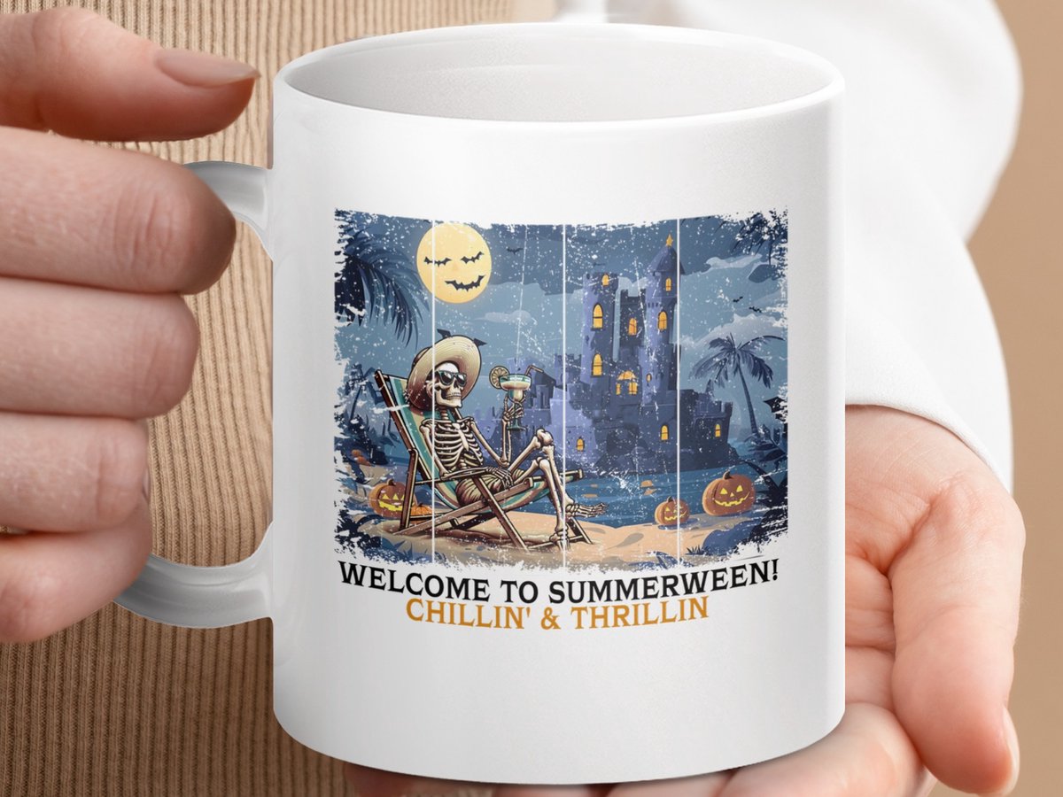 Mok Summerween Skeleton Mug, Chilling Skeleton Mug, Halloween Mug, Funny Halloween Mug, Beach Skeleton, Tropical Halloween, Skeleton Beach