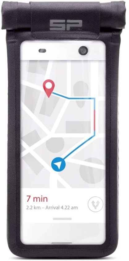 Housse de téléphone noire avec un écran de navigation et un itinéraire.