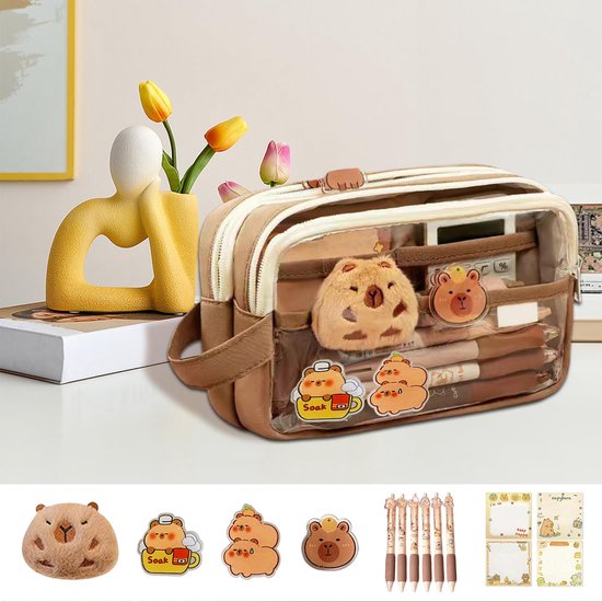 Namajunas - Trousse Capybara - Trousse pour Garçons et Filles - Étuis scolaires - Avec 6 Stylos Capybara et une peluche Capybara - 5 compartiments - Fournitures scolaires