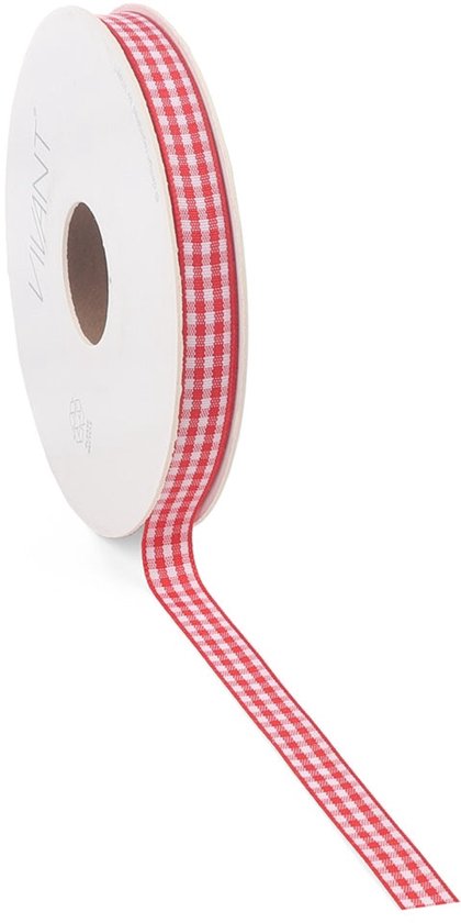 Op een rol, rood met wit geruit lint.
