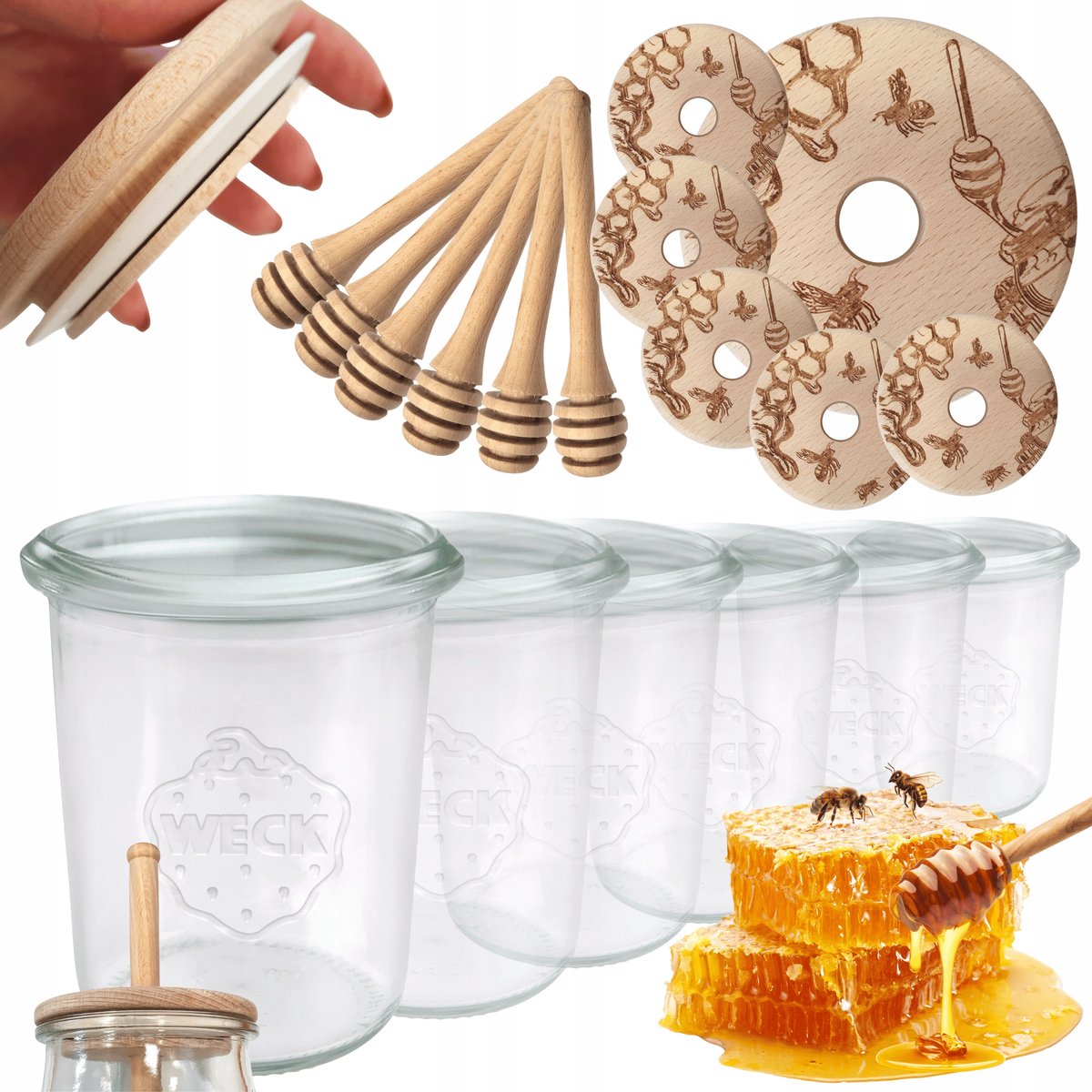 Weck Honingpotjes met Houten Lepel en Deksel - 160ml - Set van 6