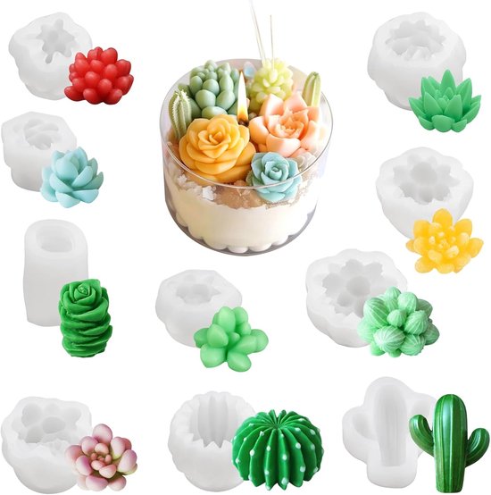 Set de 10 moules en silicone Sander Shop représentant des plantes succulentes, des cactus et des plantes succulentes 3D. Ces moules sont parfaits pour l'aromathérapie et la fabrication de bougies et de résine époxy.