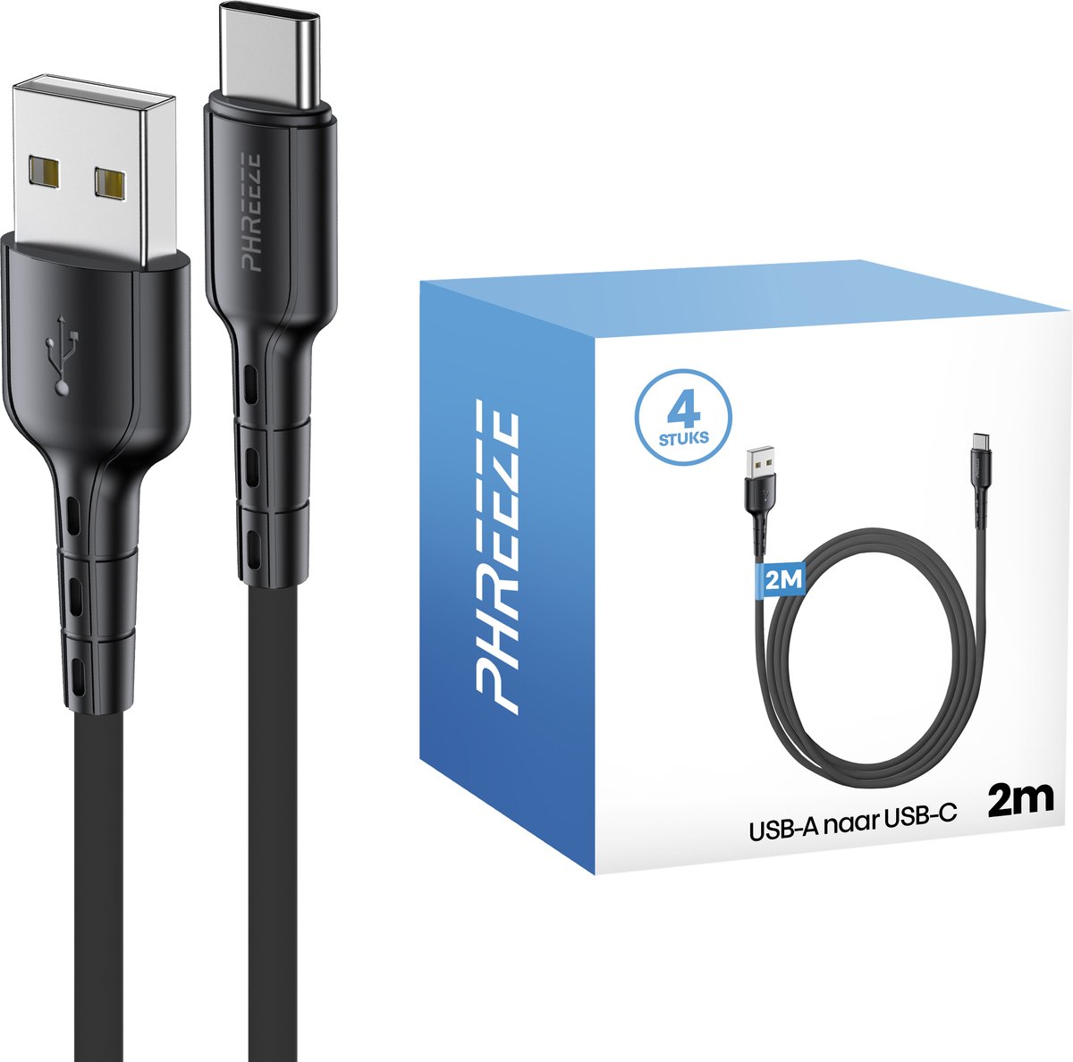 Usb A naar usb C kabels 2m - 4 pack - Flexibel - Usb naar usb C oplaadkabels voor telefoon