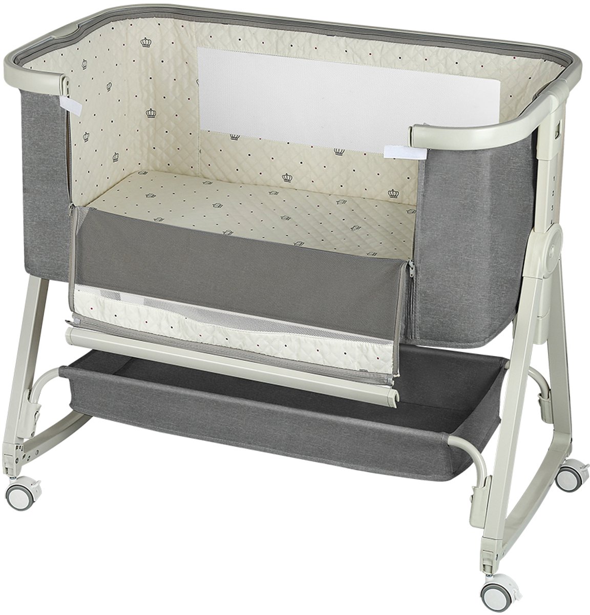 PIPIPOXER-Co-sleeper - Babybedje , 6-traps hoogteverstelling, inclusief matras, grijs