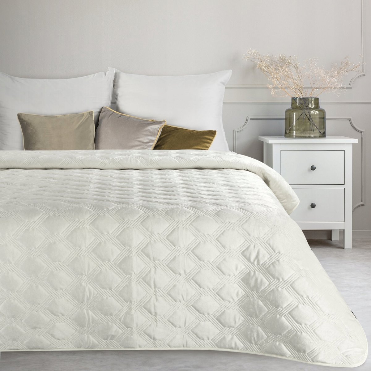 Fluwelen sprei 170x210cm crème geometrisch heetgeperst gewatteerd