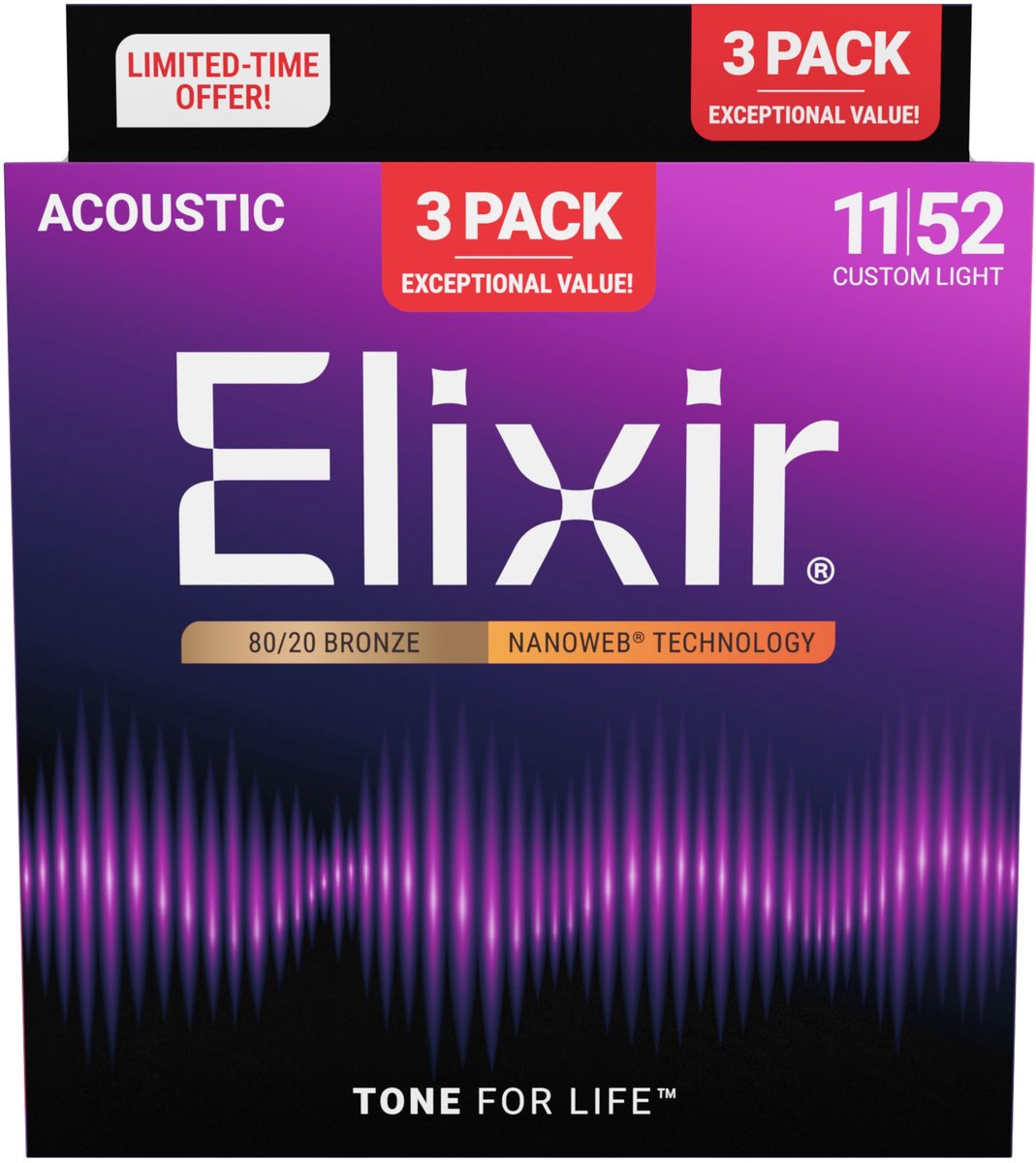 Elixir 16564 Nanoweb Acoustic Bronze 11-52 - 3 Pack - Akoestische gitaarsnaren