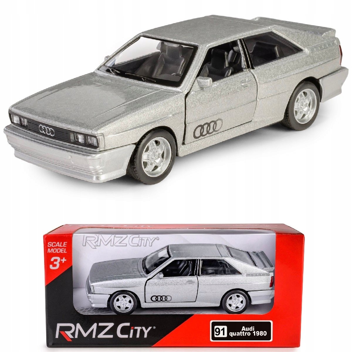Audi Quattro 1980 Pull Back Model Auto Metaal 1:34 Zilver