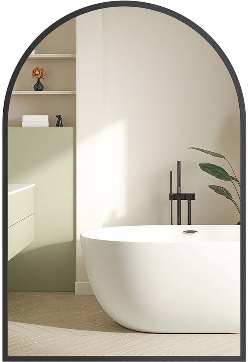 Wandspiegel – 91x61 cm - Gebogen – zwart aluminium frame - voor badkamer hal en meer