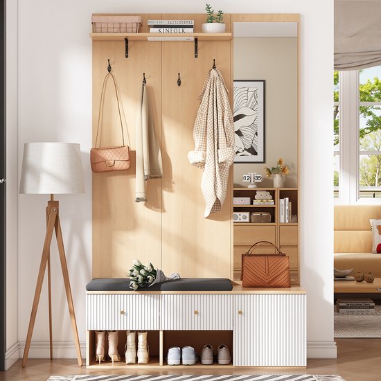 4-in-1 Kapstok met Spiegel, Schoenenrek en Zitbank - Multifunctioneel 4-in-1 Kapstok met Spiegel, Schoenenrek en Zitbank - Multifunctioneel