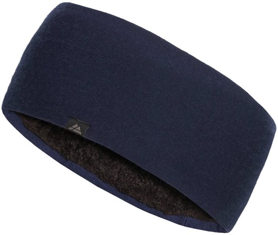 Donkerblauwe merinowollen hoofdband met donkere fleece voering.