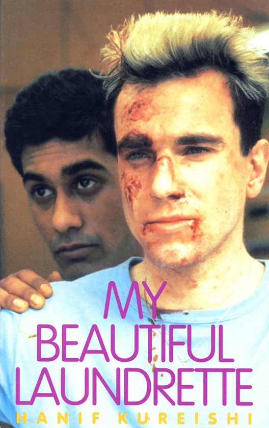 Twee mannen, één met bloed op zijn gezicht, op de cover van 'My Beautiful Laundrette' van Hanif Kureishi.
