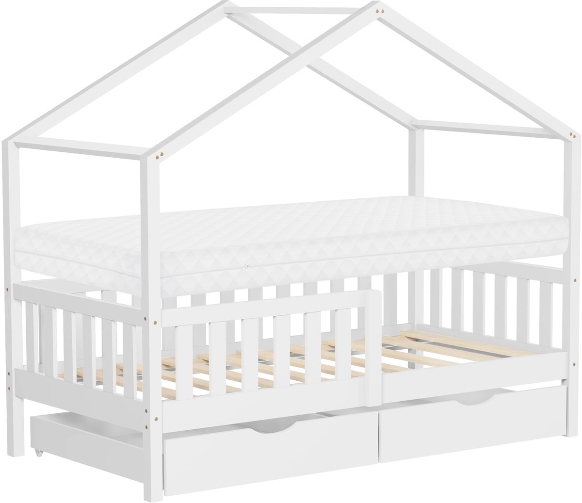ml-design Montessori kinderbed huisbed 80x160 cm houten juniorbed met wit matras 2 lades valbeveiliging lattenbodem speelbed vloerbed voor meisjes jongens kinderkamer massief hout bedframe houten huisbed