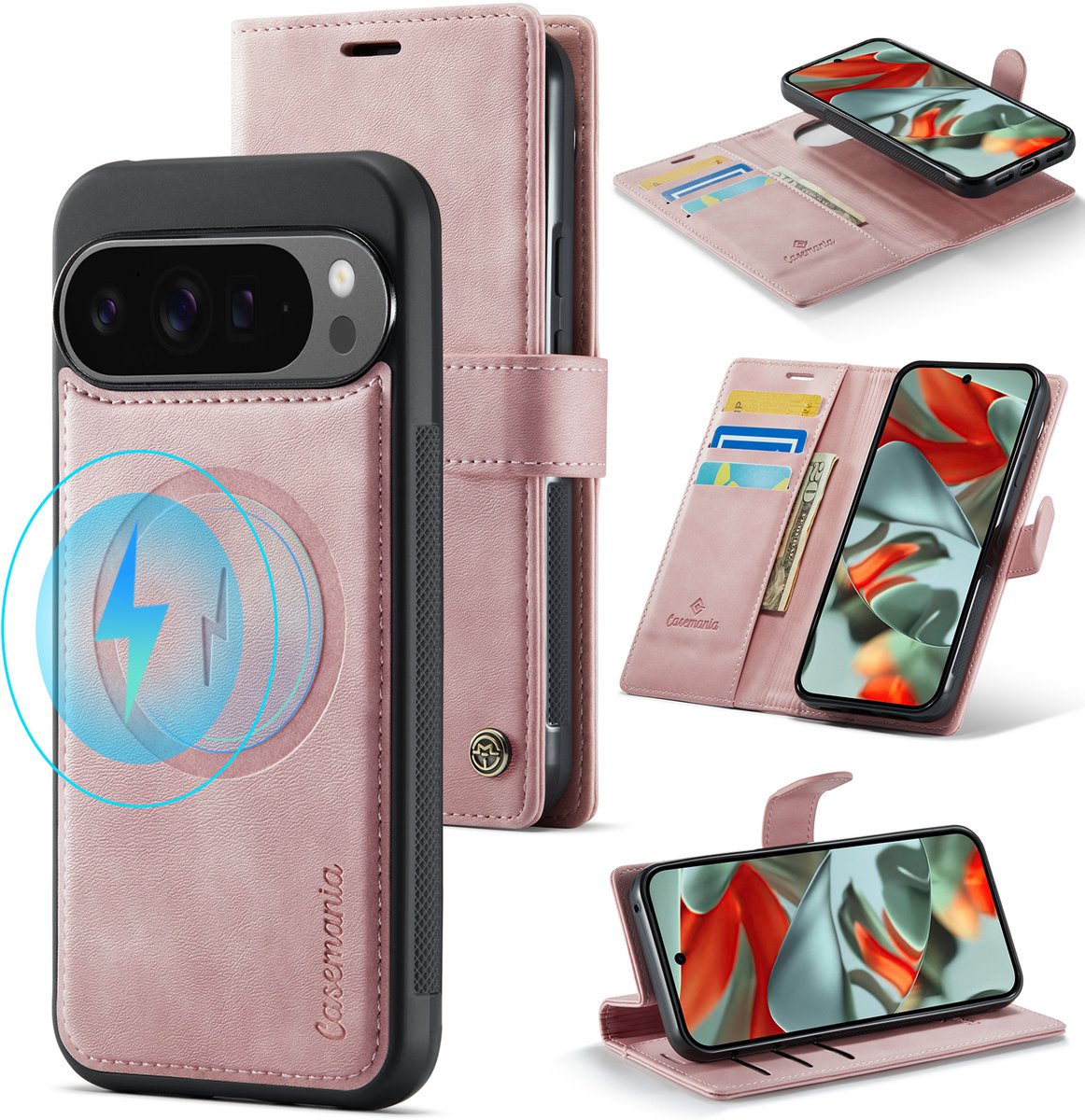 Casemania Hoesje Geschikt voor Google Pixel 10 Pro - Pale Pink - 2 in 1 Magnetische Book Case met Uitneembare Back Cover - Geschikt voor Qi2 en MagSafe - Telefoonhoesje met Pasjeshouder - Roze