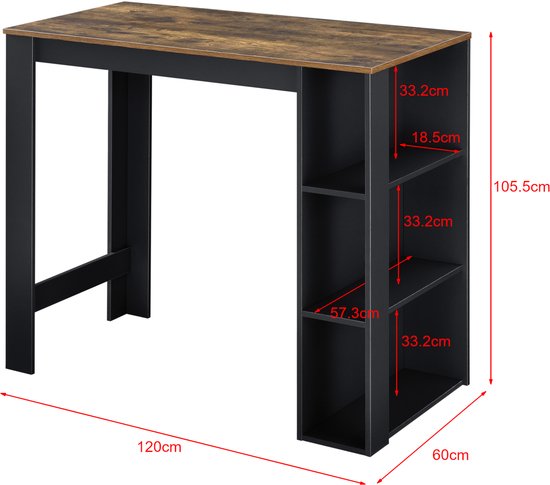 Bartafel van 120x60x105,5 cm met houten blad en zwarte constructie met planken.