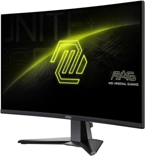 Schuine voorweergave van een gebogen MSI gaming monitor met levendige grafische elementen.