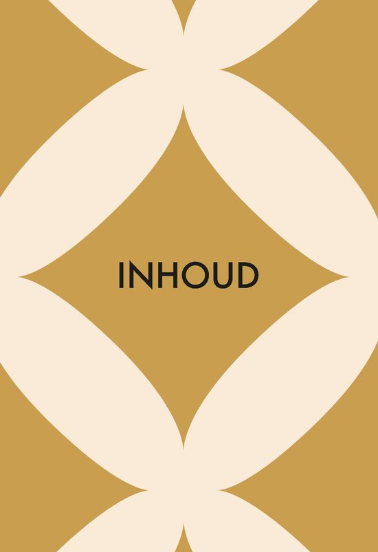 Boekomslag met goudbruine achtergrond en crèmekleurig patroon. Tekst: 'INHOUD'.