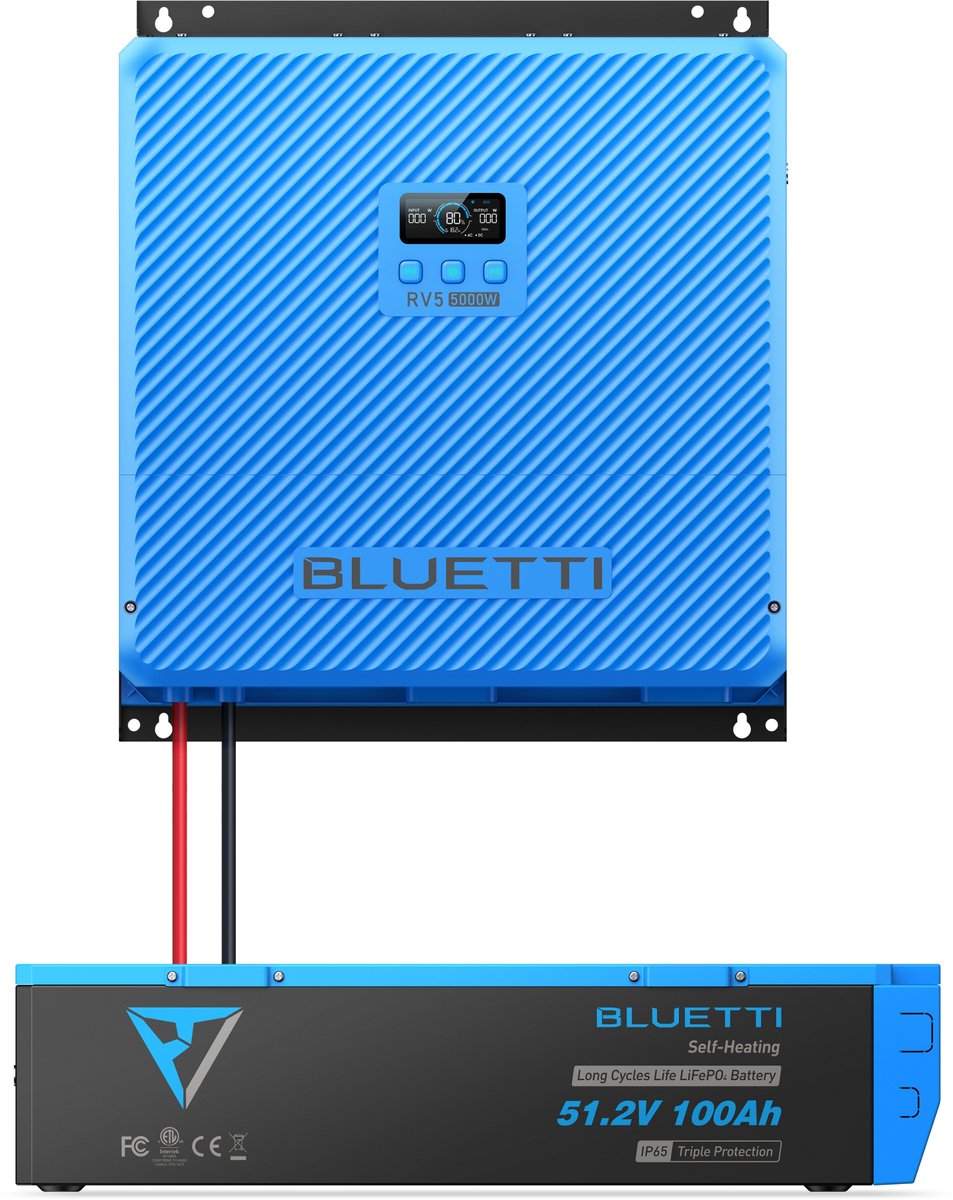BLUETTI RV5+B4810 5000W, laat uw airconditioning, magnetron, koffiezetapparaat en nog veel meer tegelijkertijd werken.LiFePO4-batterij met meer dan 6000 cycli, IP65-waterbestendig