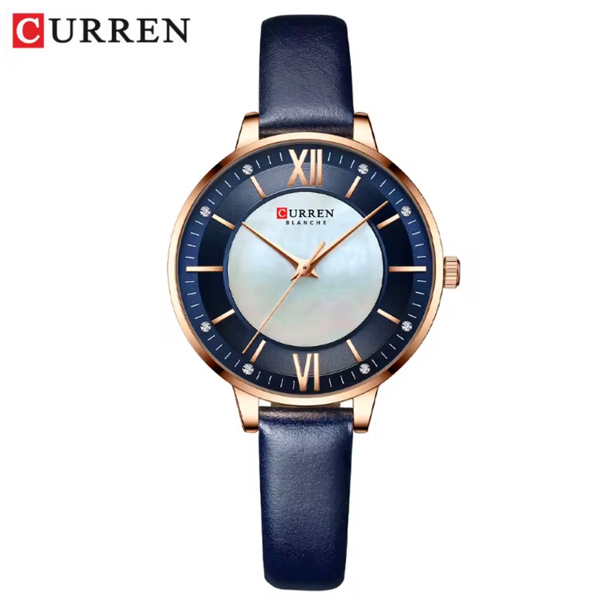 CURREN Horloge 9080 - Rosékleurig-Blauw-Wit - Dames - Quartz - Lederen Band - Waterbestendig en Verfijnd