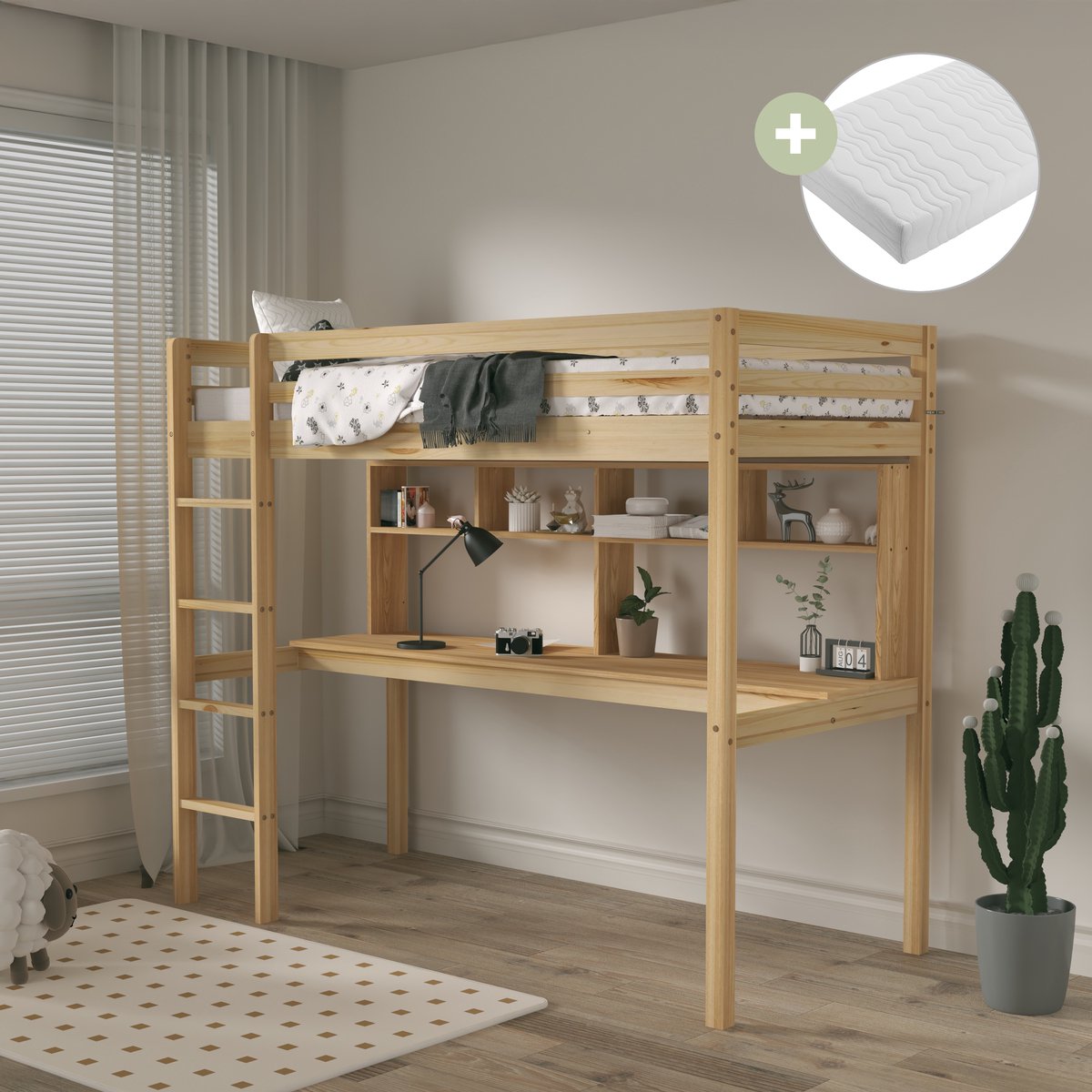 Sunny Sil Hoogslaper – Kinderbed Met Bureau – Met Boekenplank - Met Uitvalbeveiliging en rechte ladder - 208 x 97 x 172 cm – Peuterbed Meisjes en Jongens – FSC 100% Hout – Met Lattenbodem - Inclusief Matras – Naturel