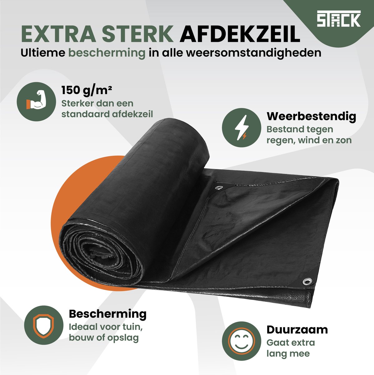 STACK® Extra Sterk Afdekzeil - 5x6m - Zwart - 150G/M2 - Waterdicht Bouwzeil & Zeildoek - Zeil Met Ringen - Beschermhoes & Afdekhoes voor Zwembad,Tuin Set,Motor,Scooter,Fietsen,Aanhangwagen,Scootmobiel,BBQ accesoires - Auto Hoes Bescherming — afbeelding 2