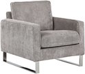 Grijze corduroy fauteuil met verchroomde metalen poten, close-up van de stoftextuur.
