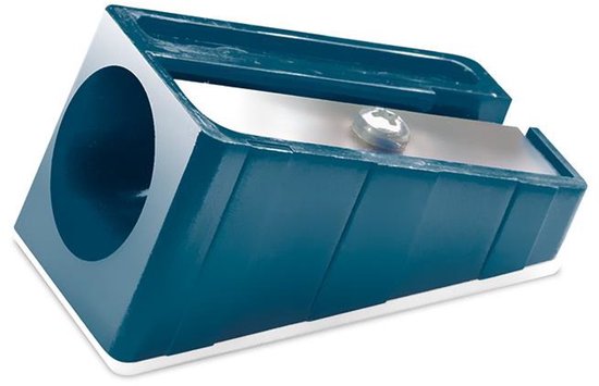 Donkerblauwe puntenslijper met schuin oplopende zijkanten, metalen mes en witte basis.