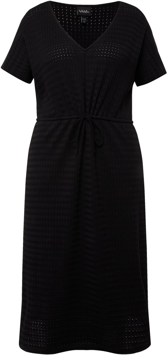 Ulla Popken - Dames - Jersey midi-jurk structuur jersey V-hals korte mouwen - Zwart - Maat 50+