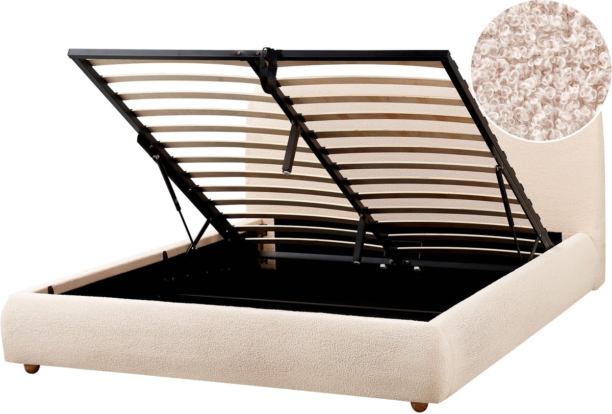 Beliani BLAGNAC - Bed met opbergruimte - Lichtbeige - 160 x 200 cm - Bouclé