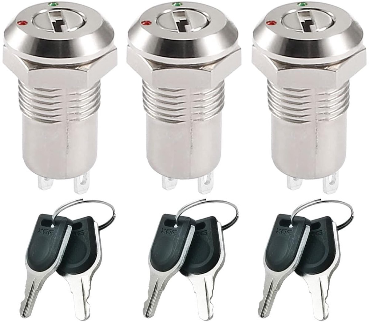 Image of 3 Pack 12mm Metal Key Lock Lock Switch, On/Off Key Switch Lock 0-250V Maintained Key Switch