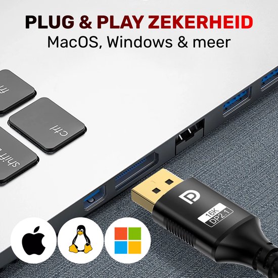 ProFPS DisplayPort 2.1 kabel op een laptop toetsenbord. Logo's van Apple, Linux en Windows zichtbaar.