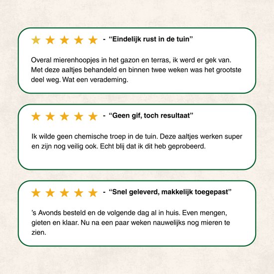 Drie tekstvakken met klantbeoordelingen en sterren. Teksten gaan over rust in de tuin, resultaat en snelle levering.